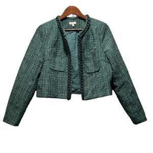 A Peach Green Tweed Chain Trim Cropped Jacket Size Large